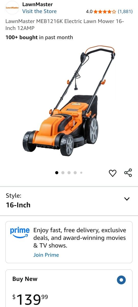 LawnMaster MEB1216K Electric Lawn Mower 16-Inch 12AMP