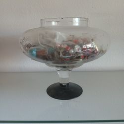 Glass Vase Full Of Broken Mismatched Jewelry For Craft Projects 