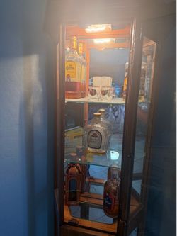 Lighted  Oak Corner Curio Cabinet with Mirrored Back