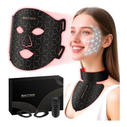 Red Light Therapy for Face & Neck, Red Light Mask with 850nm NIR, 7-1 Colors LED Light Therapy mask, Rechargeable LED Face & Neck Mask for Anti-Aging,