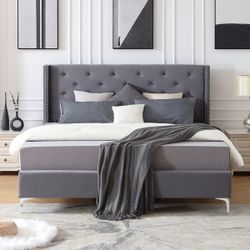 King Size Velvet Upholstered Platform Bed Frame with 6 inches Metal Legs