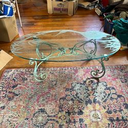 Vintage glass, coffee table with cream and Plant etchings