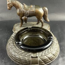 Vintage 1950's Bronze Ashtray 3 Cigarette Slots Horse With Saddle & Original Ashtray  