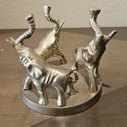Vintage Solid Brass Elephant Figurine 3 Elephants Trunks Up- 3.75”x4”- India