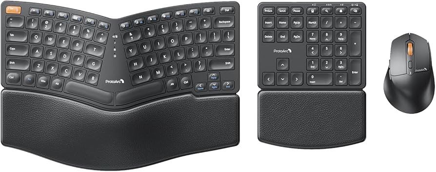 ProtoArc EKM04 2.4GHz Wireless Ergonomic Keyboard, Ergo, Separate Numeric Keypad, Split Layout, Wrist Rest, Rechargeable, for Desktop, PC, Laptop, Win