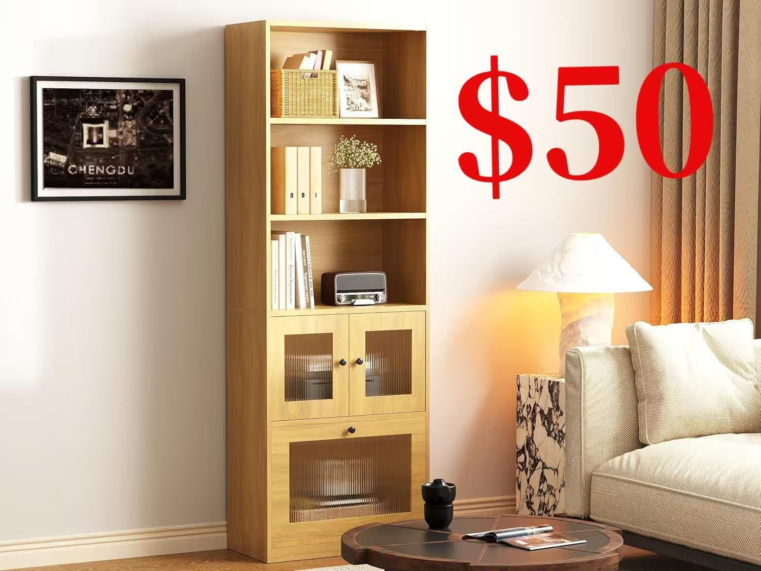 Bookshelf with Doors, Wooden Bookshelves with Cabinet Doors, 70" Tall Bookcase, Natural Wood Color