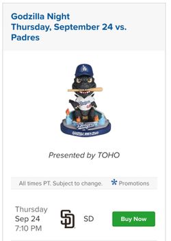 9/24 Dodger vs Padres - Godzilla Night