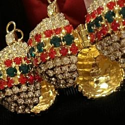 Bauer  Vintage Christmas Ball Earrings & Bracelet ,  Swarovski  Crystals , Earrings &  Bracelet , Rhinestones In Goldtone 