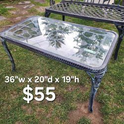 Iron Patio chair $35 and matching coffee table $50 with rose design