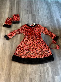 Girls Tiger Costume – Orange & Black Dress with Ears & Accessories – Size XL