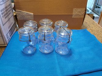 6 Vintage Pint Canning Jars, Small Mouth With Glass Lids & Bails