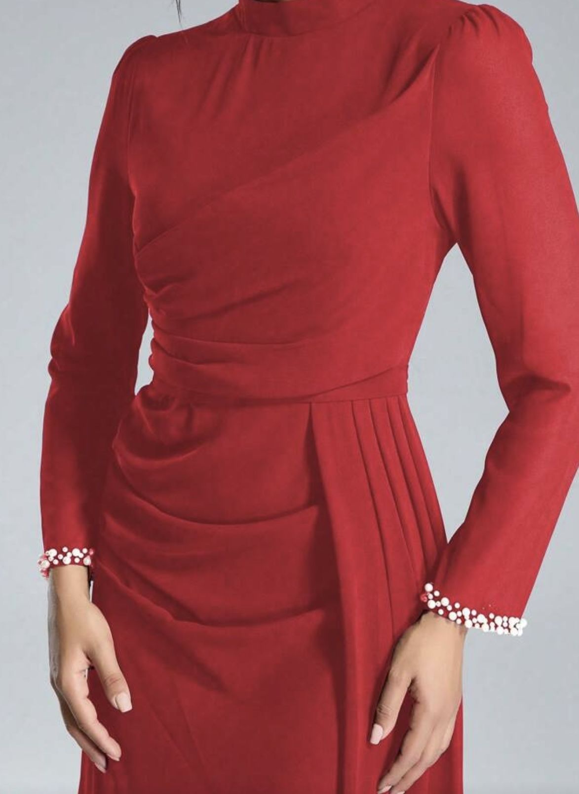 Brand New Red Elegant Long Gown – High Neck, Pleated & Pearl Cuffs