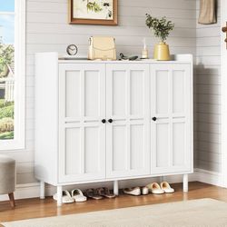 Shoe Cabinet with 3 Doors and Adjustable Shelves, 30 Pairs Shoe Storage Cabinet, 40 Inch Tall Farmhouse Shoe Rack Shoe Organizer Cabinet for Entryway 