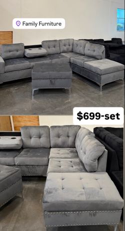 Velvet sectional with ottoman