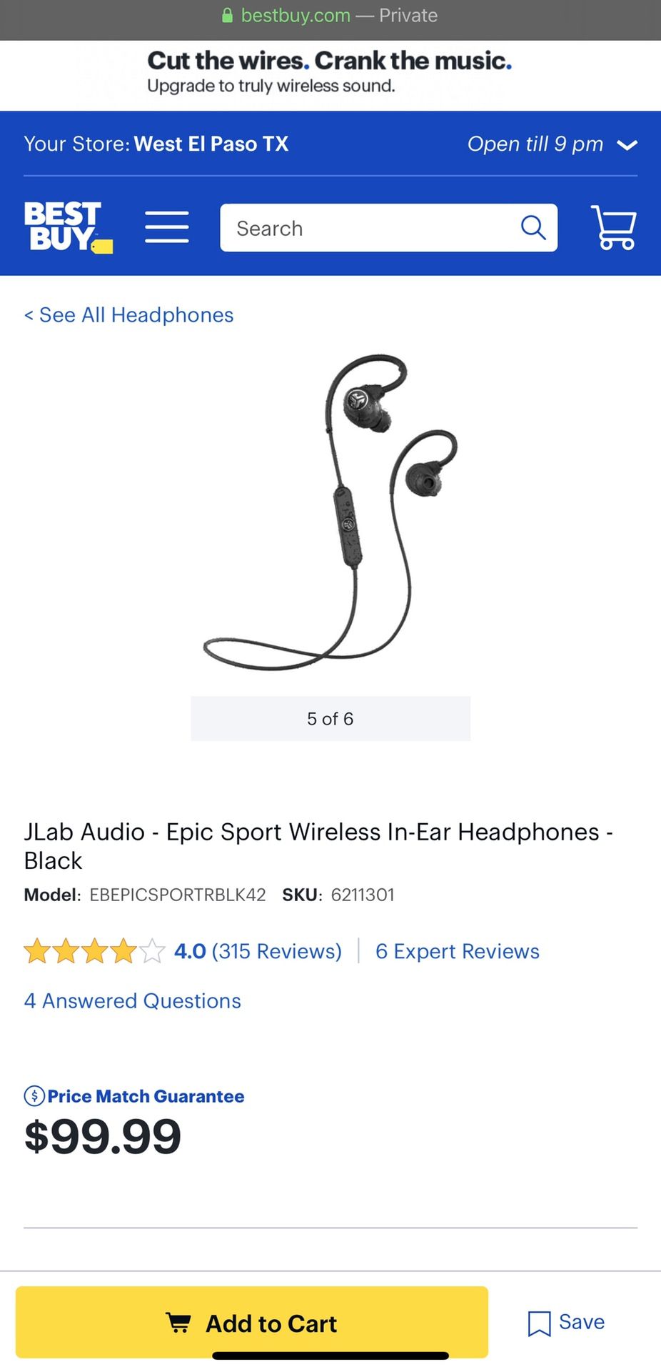 JLab Audio - Epic Sport Wireless In-Ear Headphones - Blue