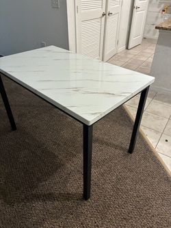 Marble Dining Table w/ 4 Blue Chairs