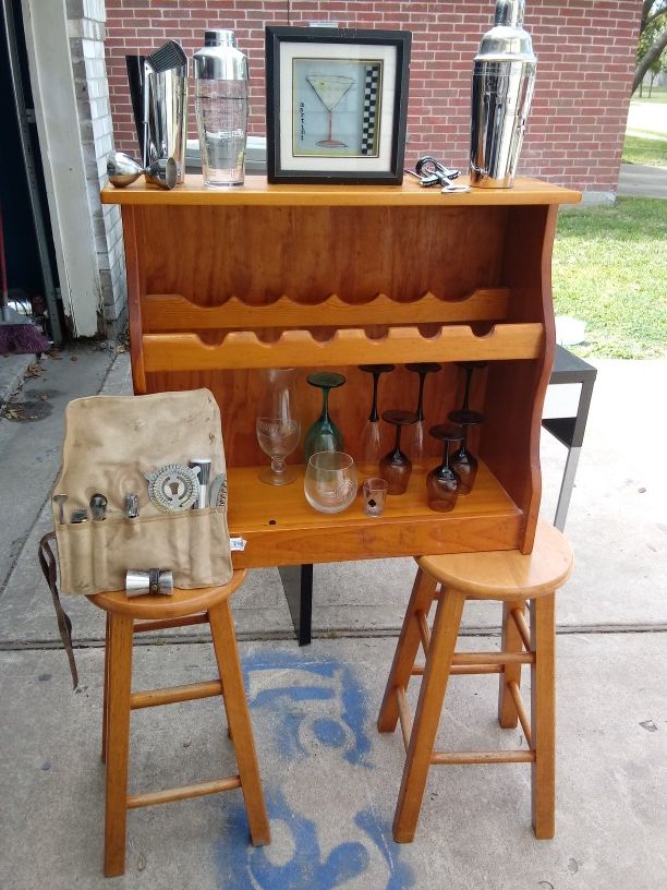 2 bars stool, wine stand, assorted wine glasses and bar set