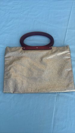 Gold Metallic Satchel Top Handle Bag Purse Brown Handle Snap Lined Silver HW