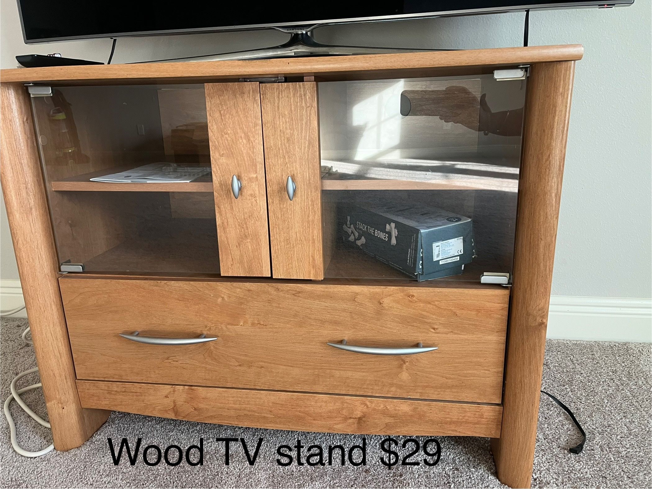 TV Wood Stand With Drawer & Glass Divider Cute