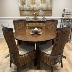 Gorgeous Dining Table + Four Pier One Rattan/ Wicker Chairs 