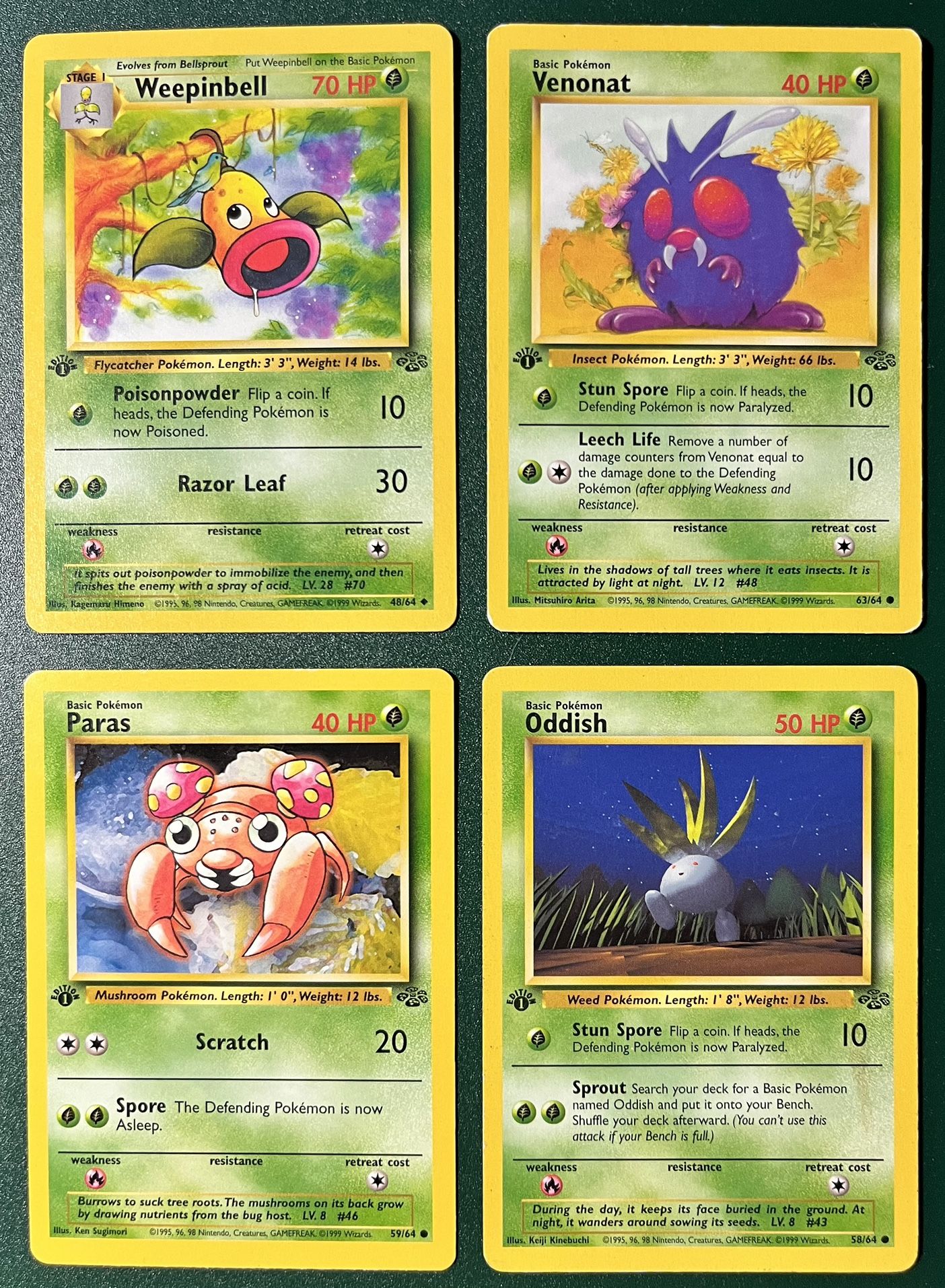 1st Edition Pokemon TCG (4 cards) Weepinbell Venonat Paras Oddish NM