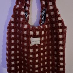 Red and Navy Checkered Large Fluffy Tote Bag With Pockets 