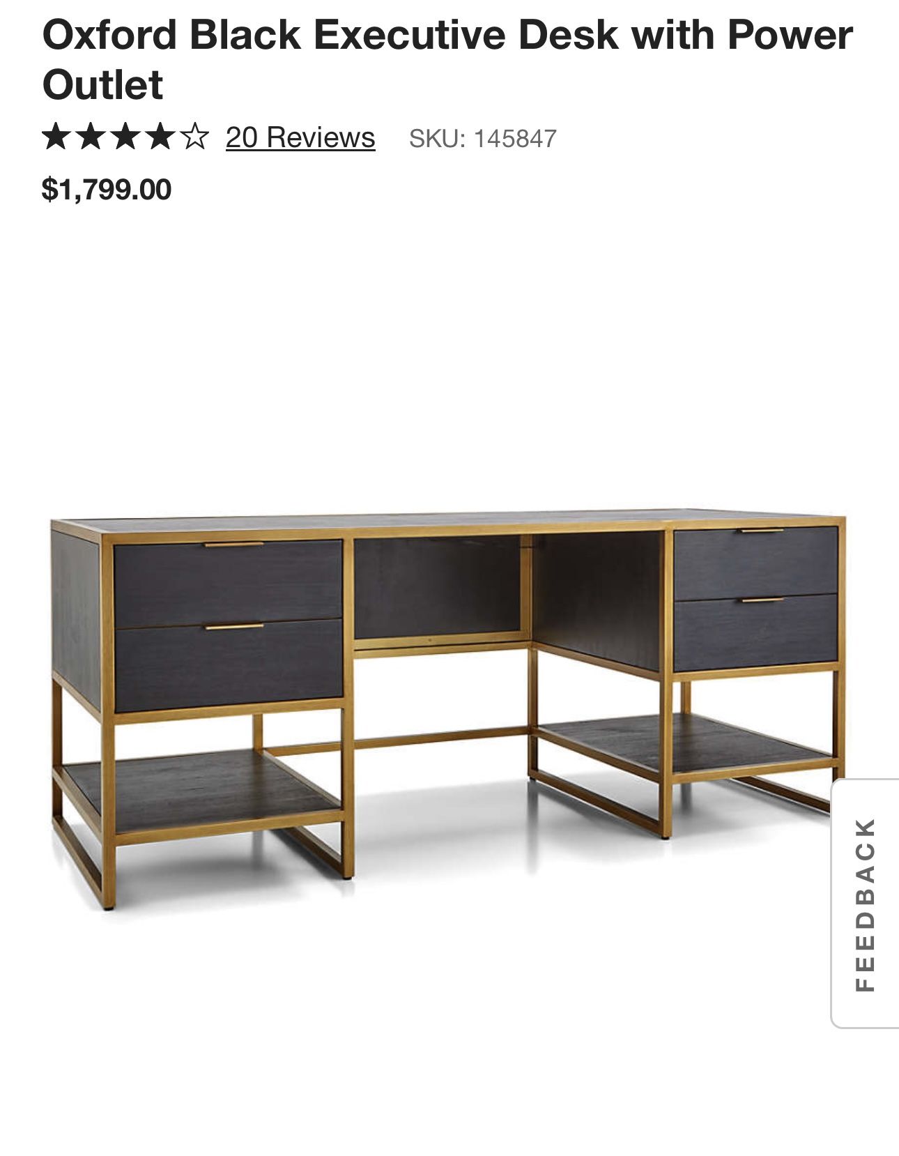 Crate&Barrel Oxford Black Executive Desk with Power Outlet 76”