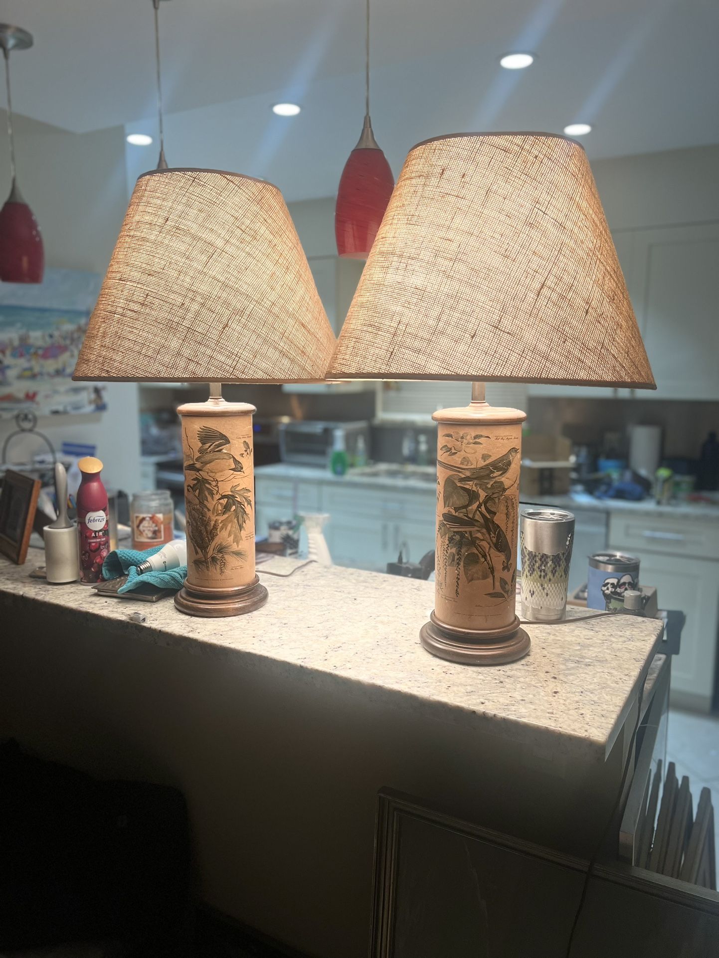 (2) Vintage table lamp, Arthur Singer birds botanical print