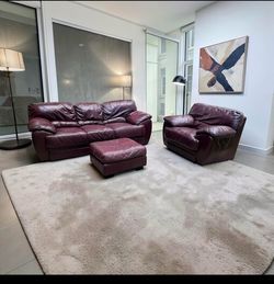 Genuine Leather Maroon Vintage Living Room Floating Sofa Set by Natuzzi