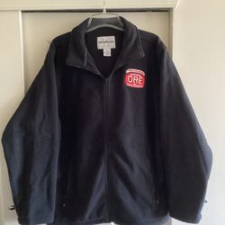 Men’s WearGuard Fleece Jacket, large, black, 32” overall length, zippered front, zippered pockets, company logo, new.