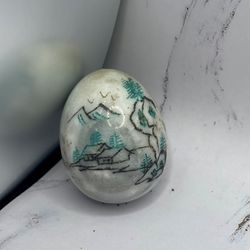 Vintage Marble Asian Forest Mountain Village Etched Painted Alabaster Egg