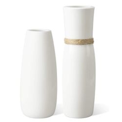 Set of 2 White Ceramic Flower Vases Rope Design