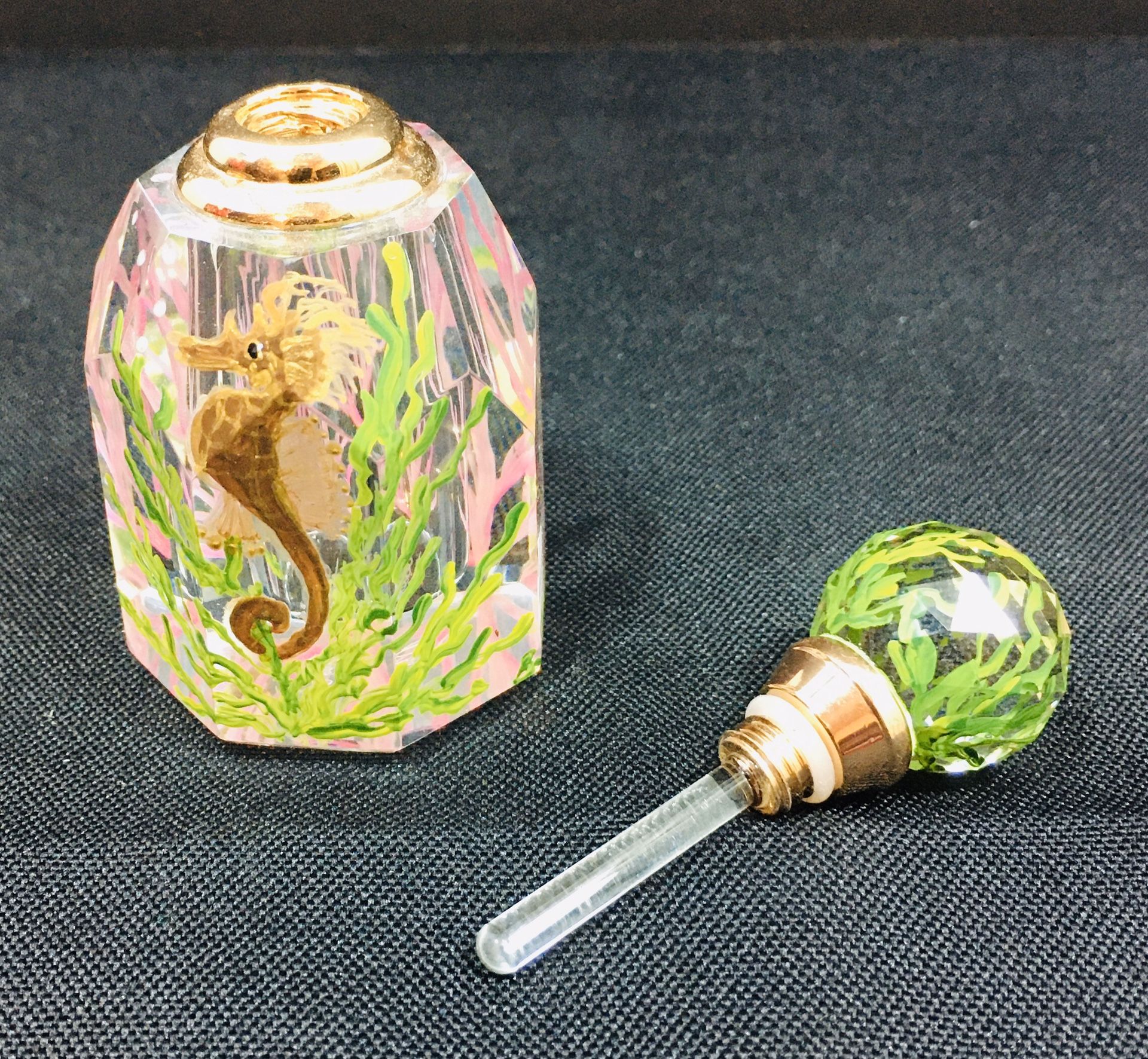 Signed Oleg Cassini Crystal Hand Painted Perfume Bottle / Ocean Theme / Screw Top / Excellent Condition 3” x 1.5”