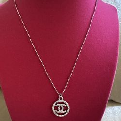 CC rhinestone pendant necklace on a ball chain,18k White Gold Plated,16 inch