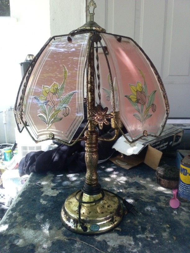 Vintage 1980s Brass Touch Lamp With Floral/Flowers Pink Glass