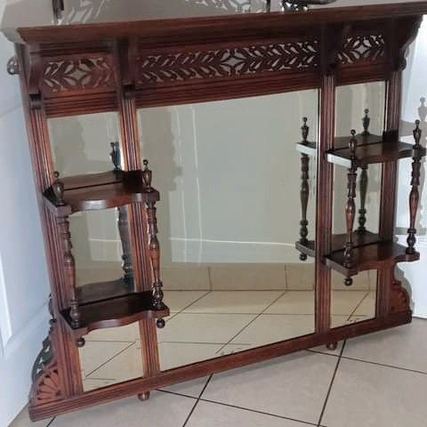 Large Victorian Mahogany Etagere (1870s-1890s) New England. 50" x 40" x 8", In Great Condition. Belved Mirrors, Has Small Feneil Ball Missing