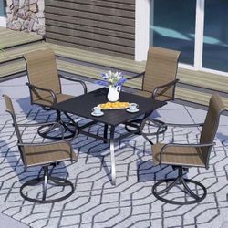 5-Piece Outdoor Dining Set, 35'' Square Table with 4 Swivel Chairs, All Weather Frame Furniture Set - Brown Style2