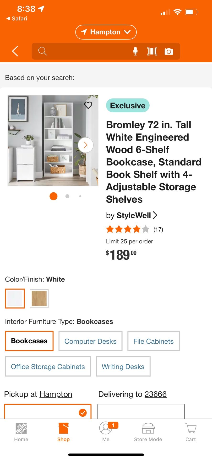 Bromley 72 in. Tall White Engineered Wood 6-Shelf Bookcase,