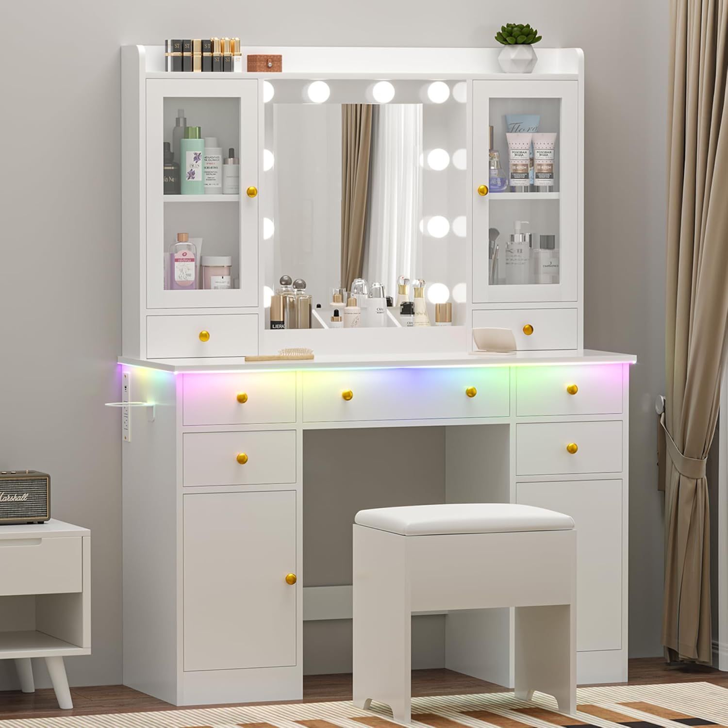 New Vanity Desk with Mirror and Lights, 43" White Makeup Vanity Set with 5 Drawers & Glass Cabinets, Storage Stool, Power Outlet & Adjustable LED Ligh