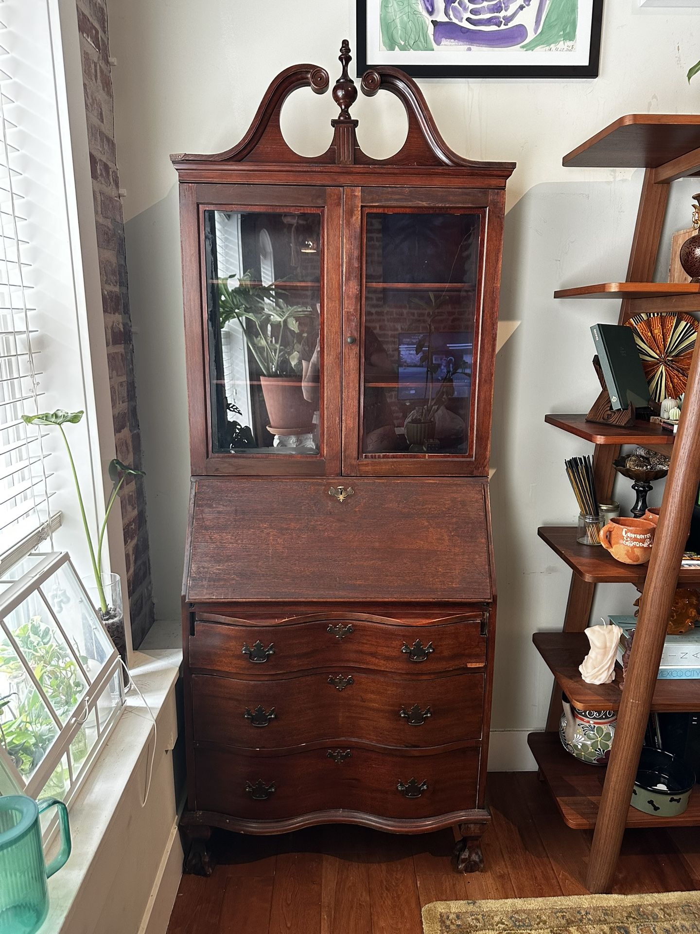 Antique Wooden Bow & Claw Secretary Desk with Key (1940s)