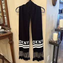 DKNY Black and White Logo Scarf with Tassel Fringe
