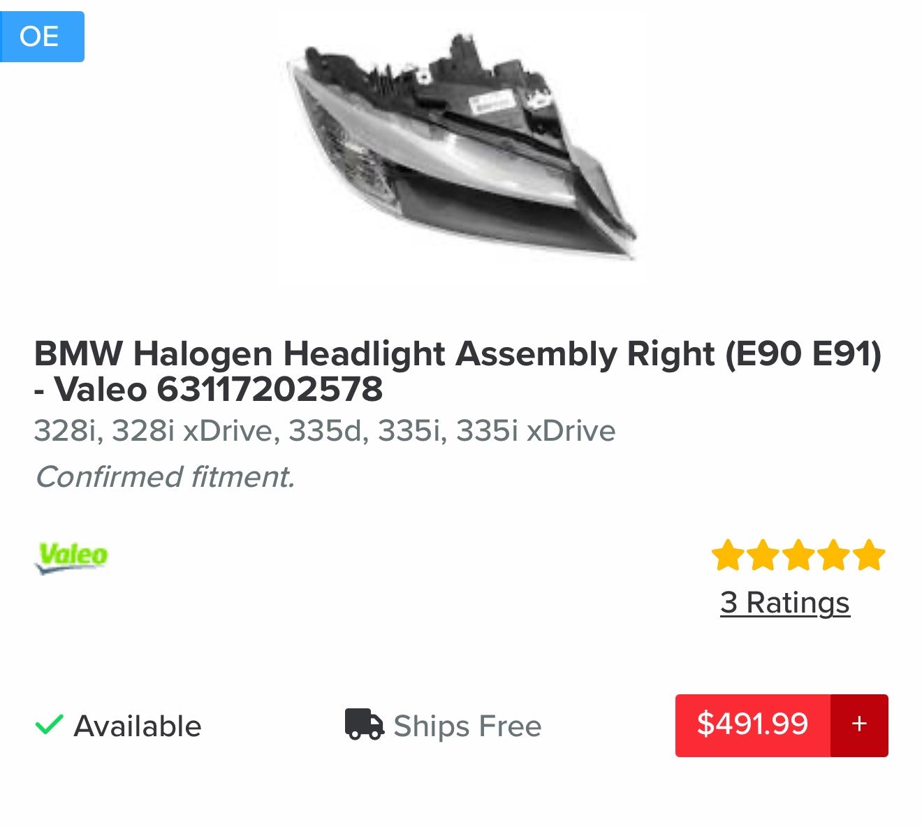 BMW Halogen Headlight Assembly Right (E90 E91) - Valeo (contact info removed)2578