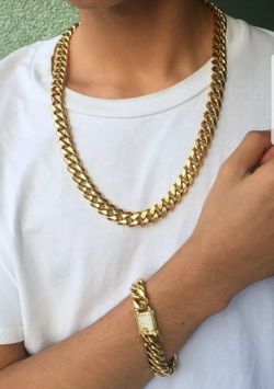 Diamond Lock Cuban Link Set 14K Gold Plated Doesn't Loses Color