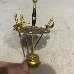 Vtg Toledo Spain Three Pick Swords For Cocktails Or  Appetizers In Fan Stand