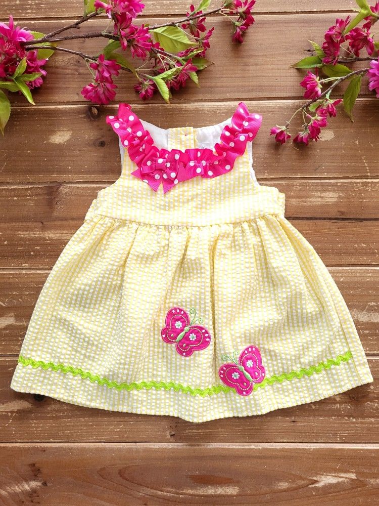 12MOS 2-PIECE SET SLEEVELESS WHITE & YELLOW SEER SUCKER BUTTERFLY DRESS