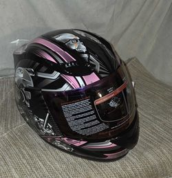 1STORM Full Face Motorcycle Helmet with Inner Sun Visor – Mechanical Skull Graphic (Pink/Black/Silver)