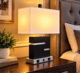 Modern Luxury Table Lamp with 2 Built-In Power Outlets | Black & Silver Bedside Nightstand Lamp