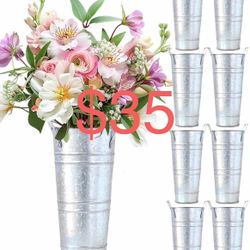 10 Inch Galvanized Flower Buckets - 8 PCS Galvanized Metal Vases for Flowers Tin Flower Holders for Home Decor Wedding Centerpieces Indoor Outdoor Use