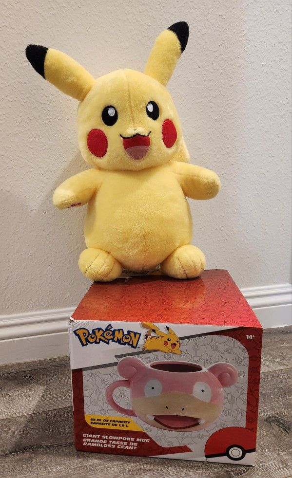 Giant Pokemon Slowpoke Ceramic Mug and Build A Bear Pickachu Plush