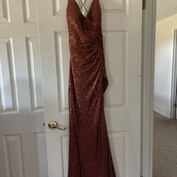 Cinderella divine Copper Satin Sequined High Slit Prom Gown, Size Large